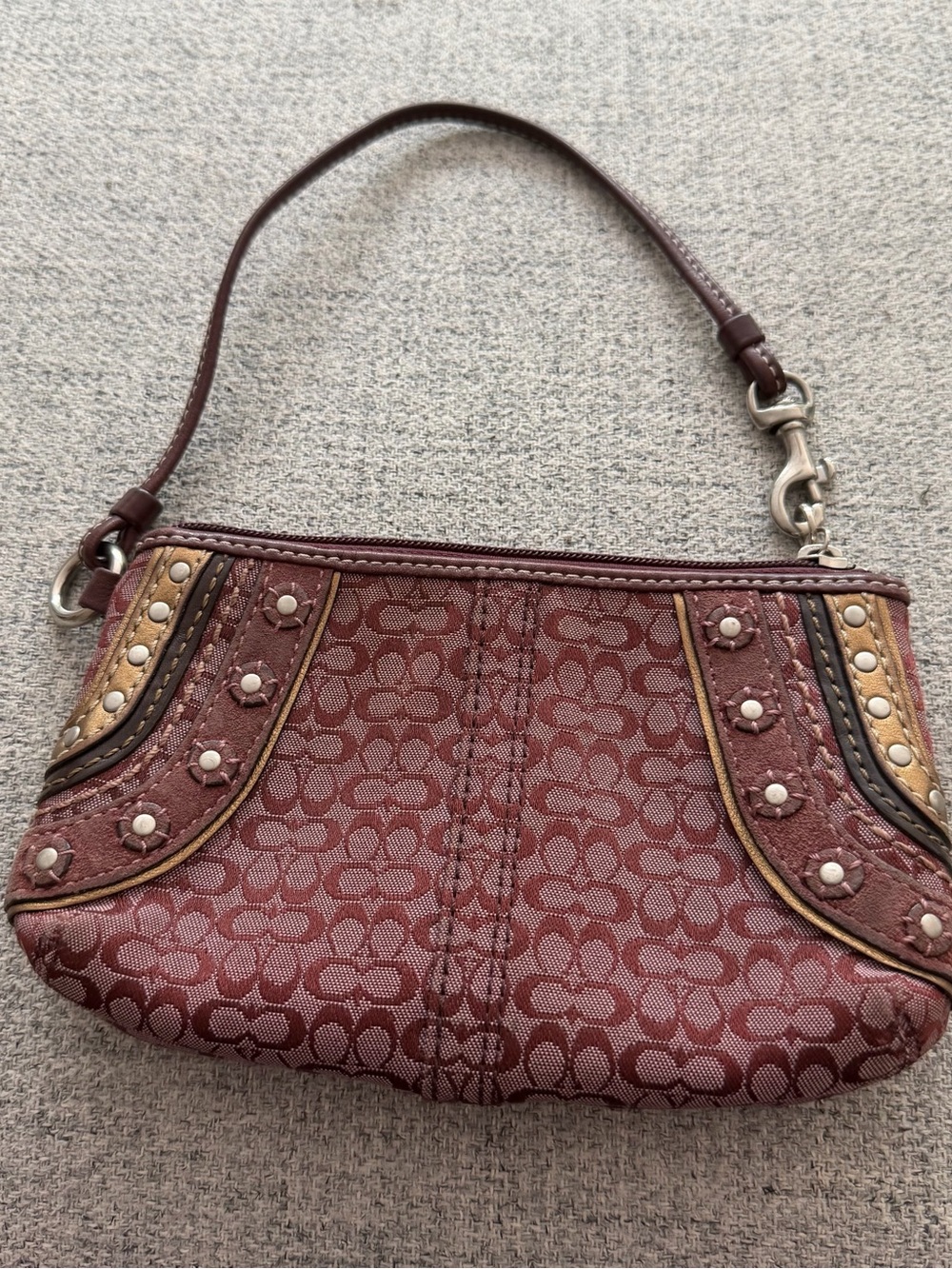 Coach Studded Signature Wristlet in Burgundy and Tan - Picture 3 of 6